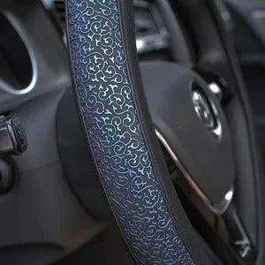 Carved ice silk steering wheel cover in blue on black colour for 38cm diameter steering wheel