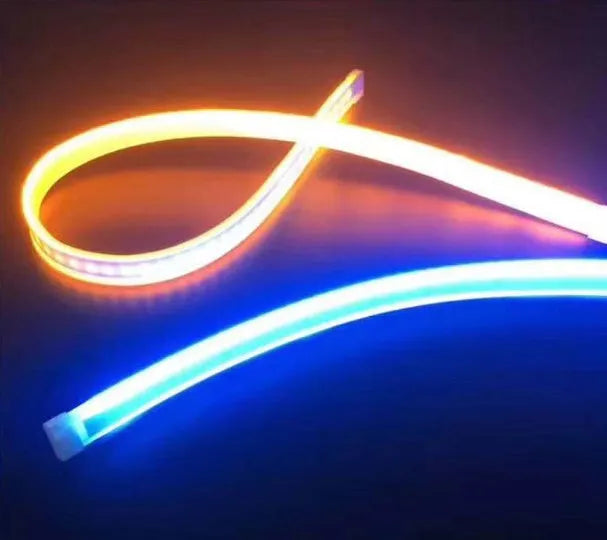 60cm ultra-thin car LED tear light guide strip in white yellow two-colour mode on a dark background