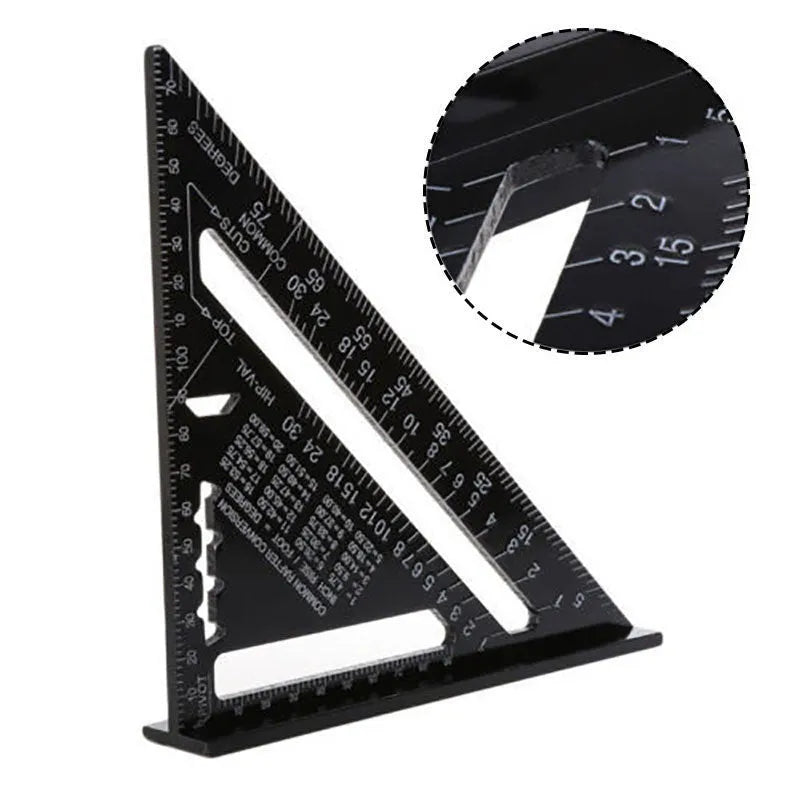Aluminium alloy woodworking measuring square 7 inch thickened triangle ruler 90 degree black colour on white background