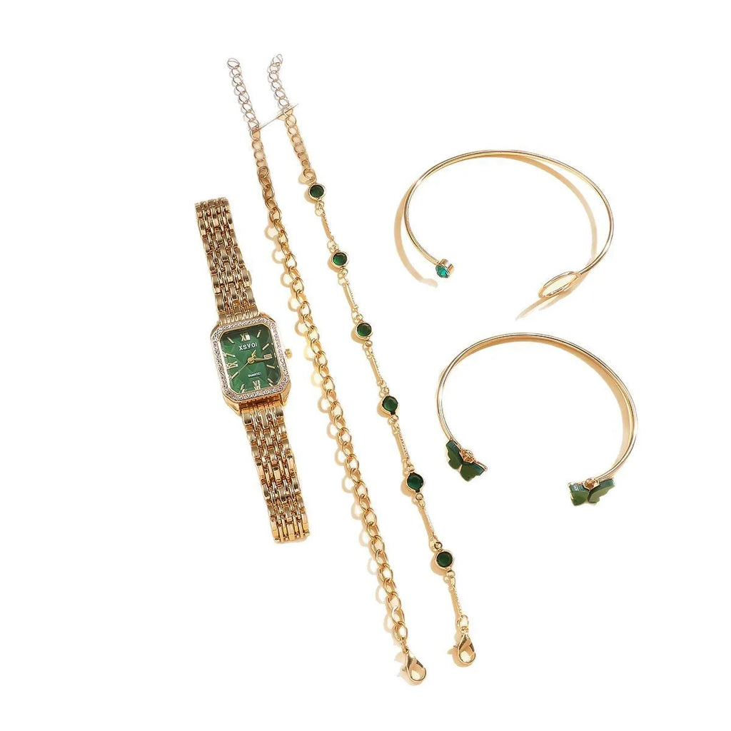 Gold green square women's watch with four matching butterfly bracelets in jewellery gift set