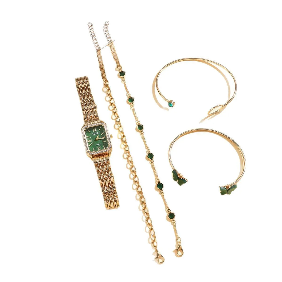 Gold green square women's watch with four matching butterfly bracelets in jewellery gift set