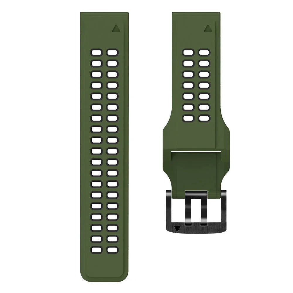 Two-colour silicone watch strap with quick release bars and pin buckle in Army Green Black