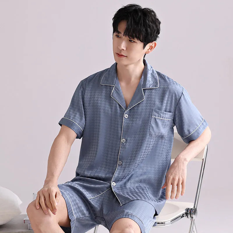 Men's ice silk pyjama cardigan set in artificial silk fabric with shorts, available in multiple satin jacquard patterns
