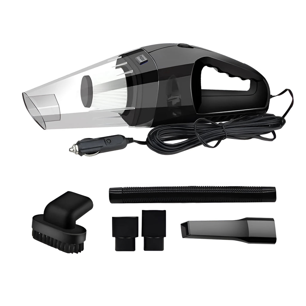 Orange 12V portable handheld car vacuum cleaner with nozzle attachments on a car seat.