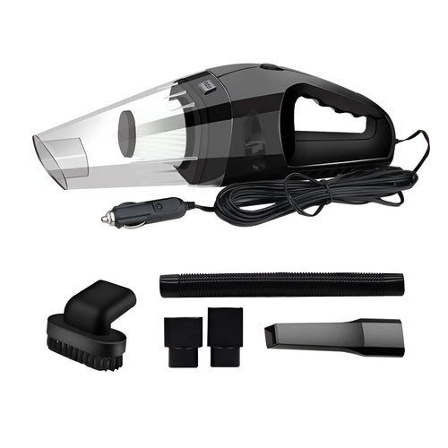 Orange 12V portable handheld car vacuum cleaner with nozzle attachments on a car seat.
