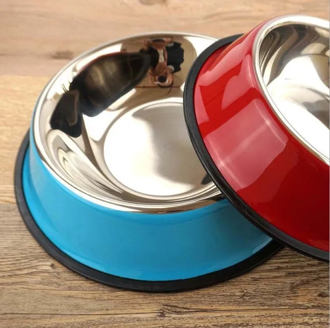 Stainless steel and colourful melamine dual-piece pet bowl with non-slip rubber base.