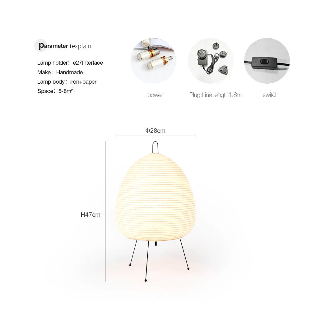Japanese style rice paper table lamp with aluminium base and handmade shade showing three-tone dimming controls