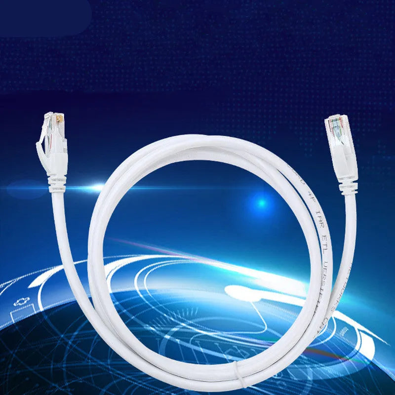 White Cat6 network cable with RJ-45 connectors on a plain background