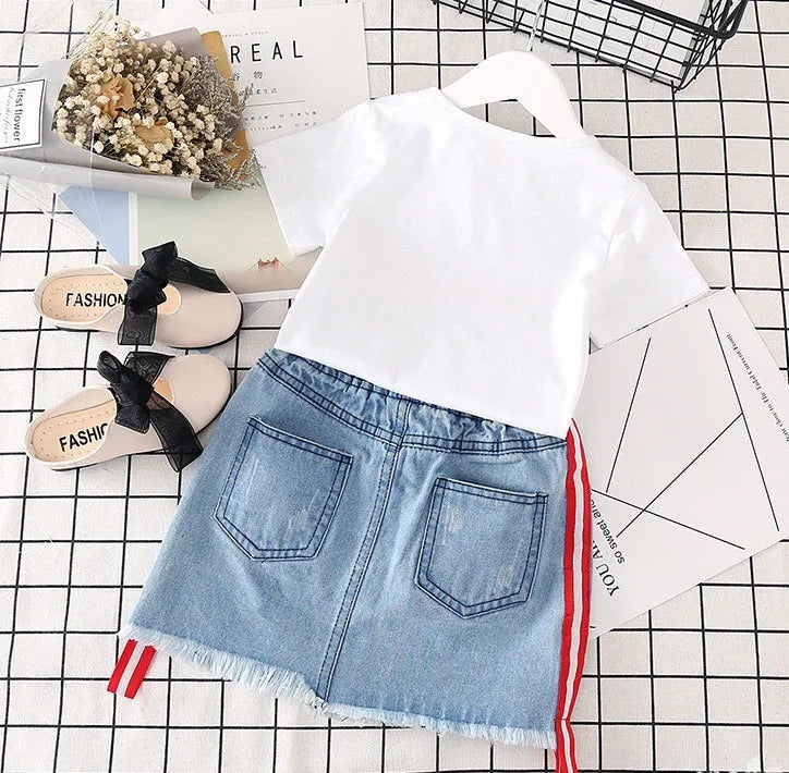 Girls 2 piece outfit with white t-shirt and denim skirt, black or red letters, sizes 100cm to 140cm