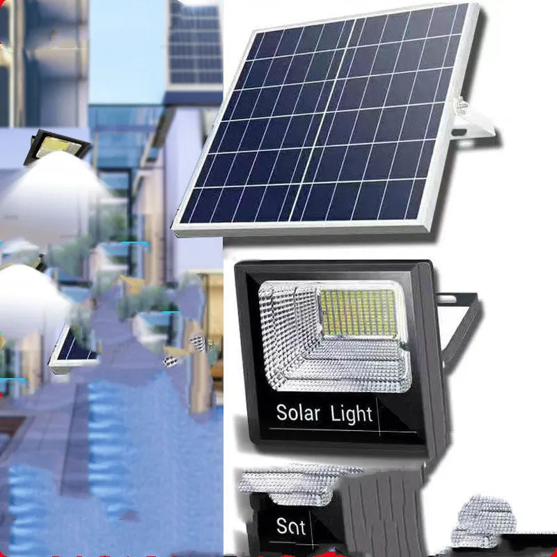 Black Cornucopia solar-powered LED flood light with remote control, mounted on an outdoor wall.
