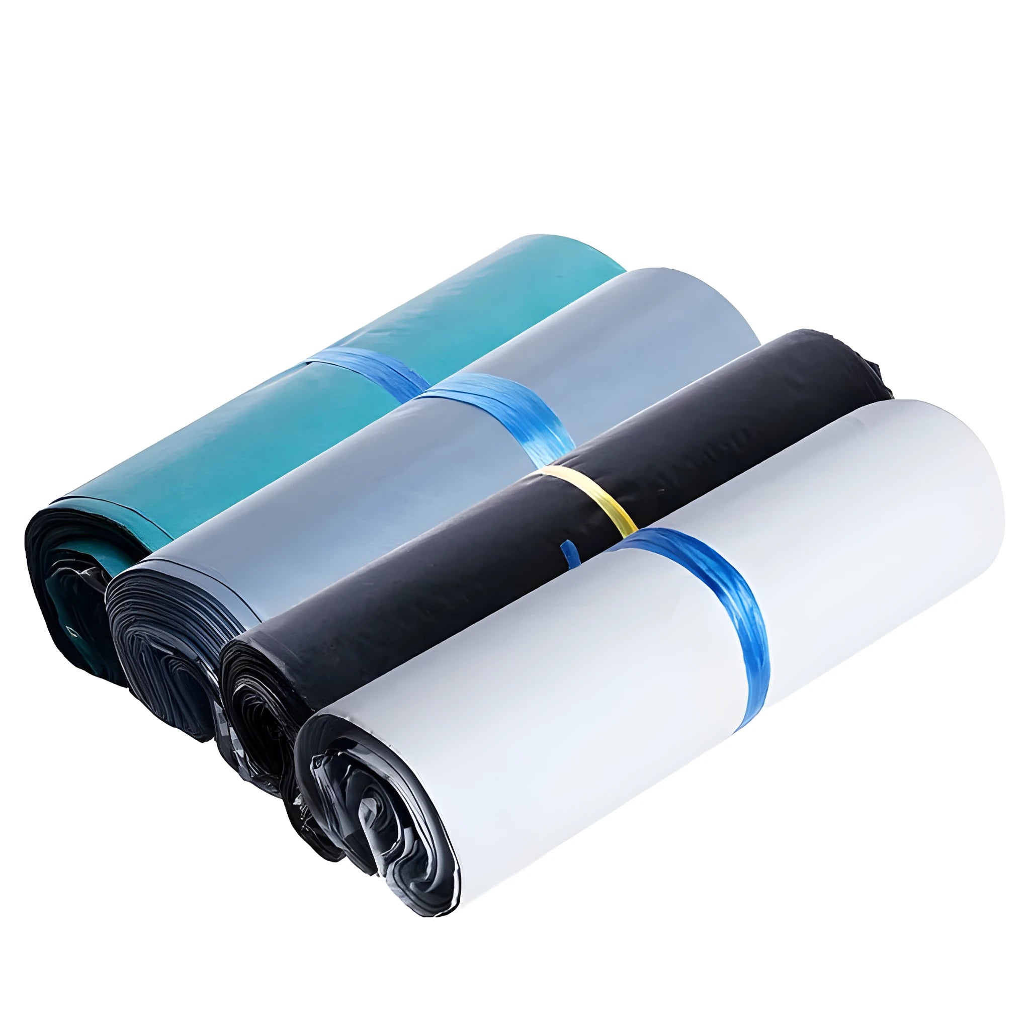 A bundle of 100 clear PE courier bags for clothing in multiple sizes, sealed with stickers.