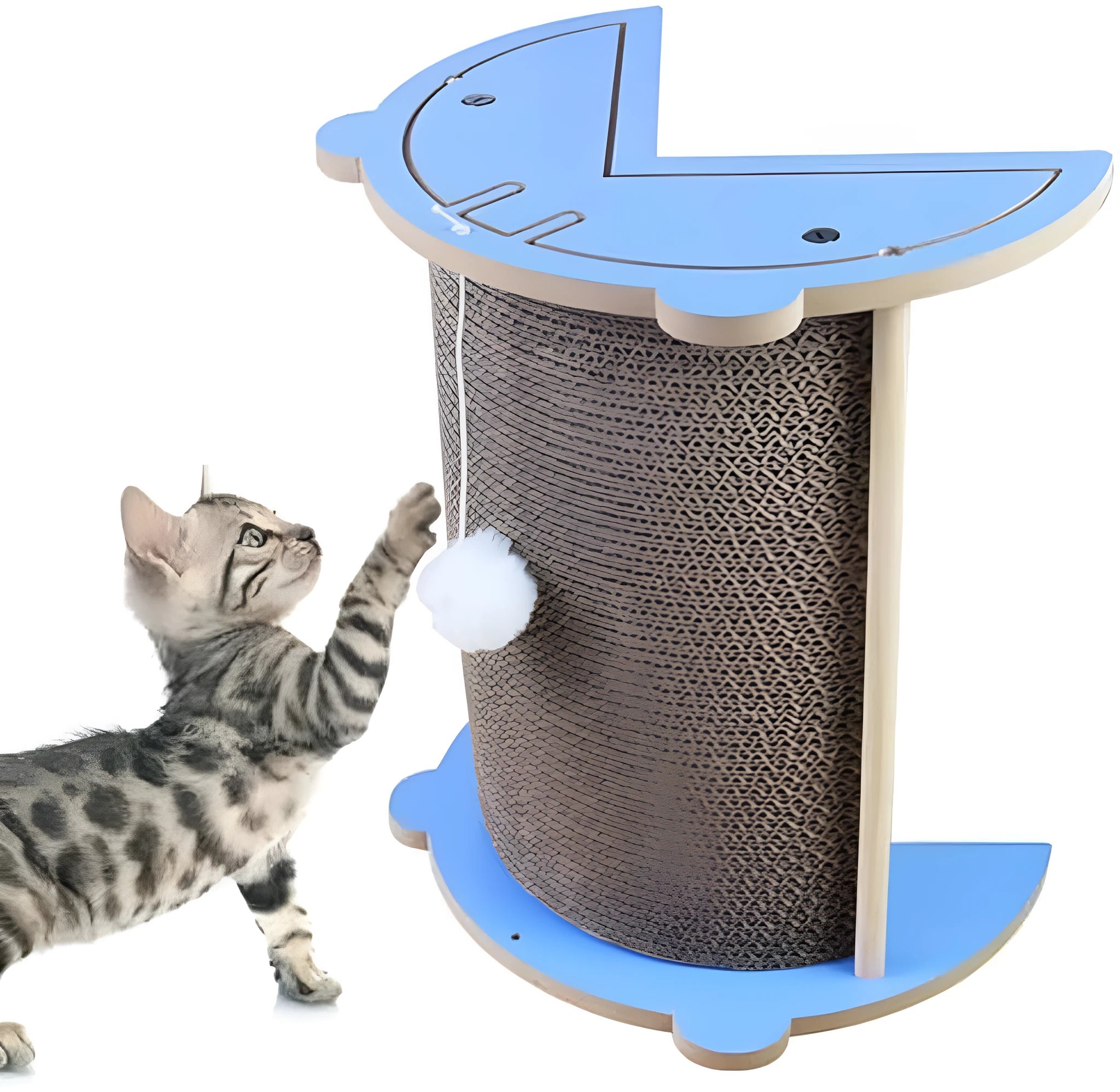 Corner-fitting cardboard cat scratching pad with a dangling ball toy.