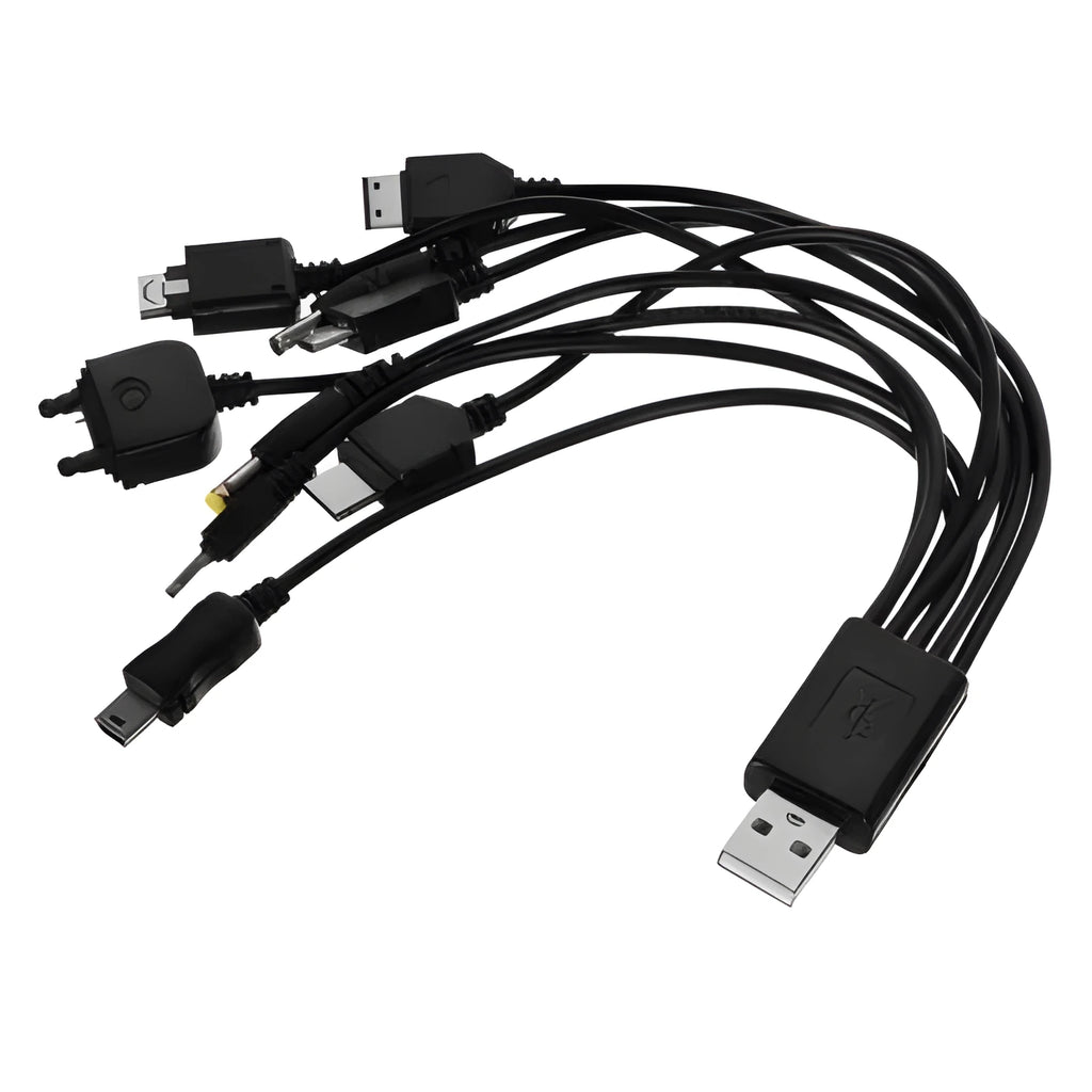 Black 10-in-1 universal USB charging sync data cable 25.5cm length on white background
