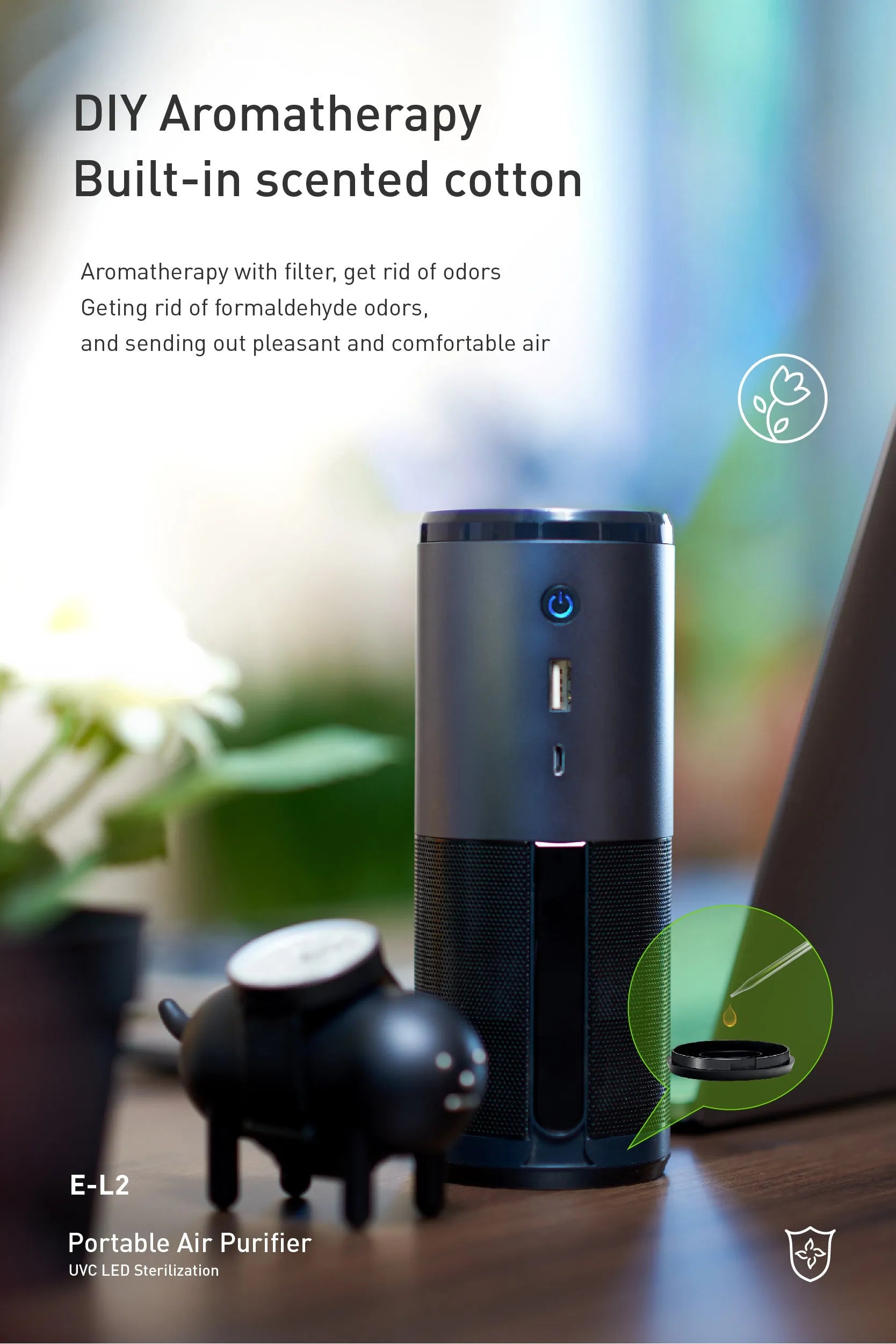 Black portable mini car air purifier with smart sensor display measuring 6.2 by 17.2 centimetres