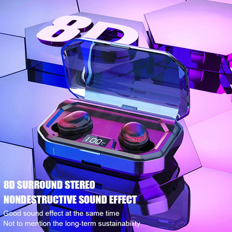 Black Bluetooth wireless headset with its compact rectangular charging case.