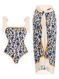Women's printed polyester two-piece swimsuit with chiffon hip skirt in multiple colour options