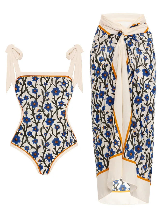 Women's printed polyester two-piece swimsuit with chiffon hip skirt in multiple colour options