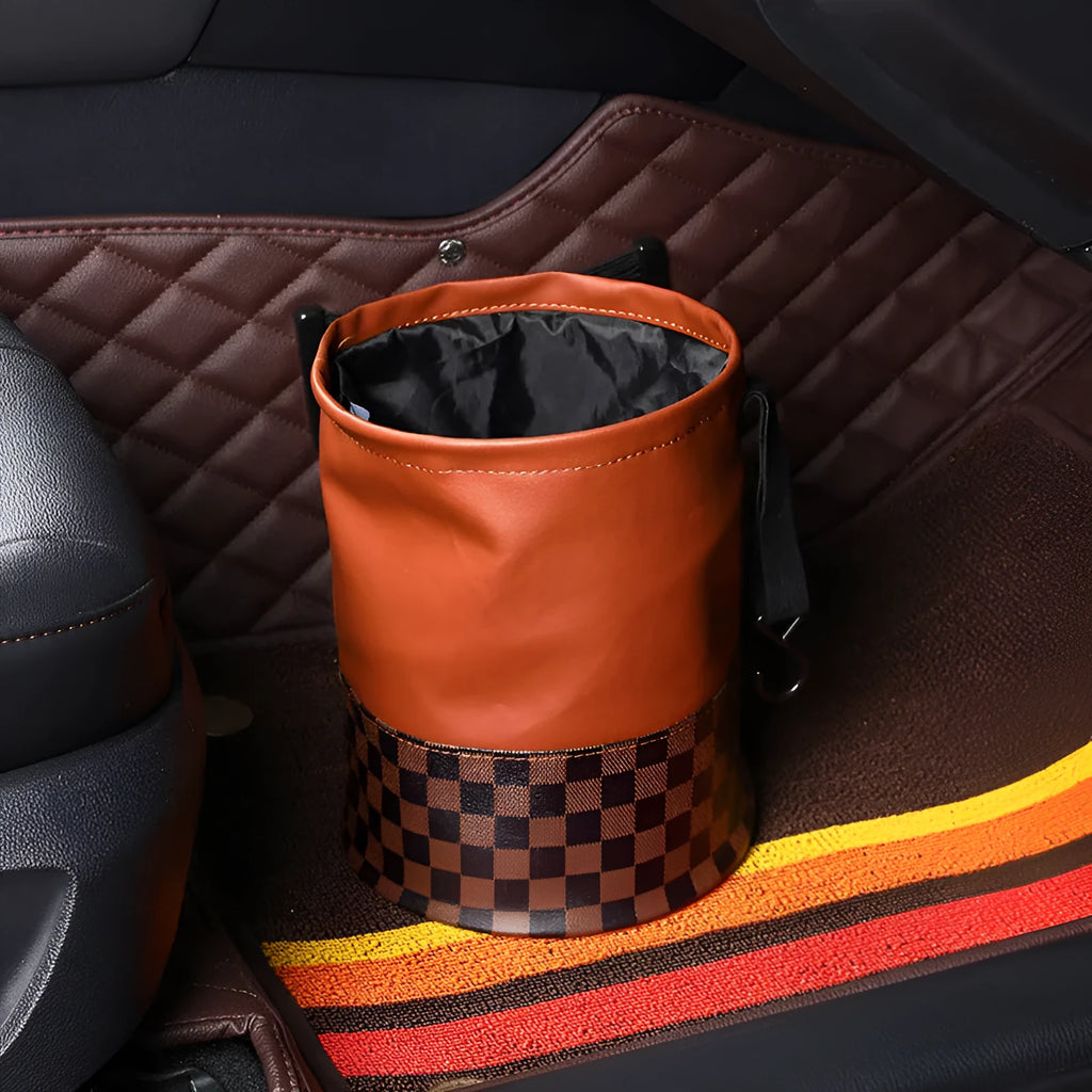 Leather folding car bin with handle for vehicle interior waste collection