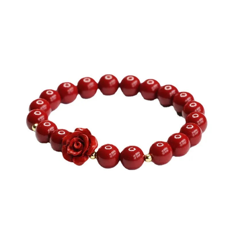 Natural cinnabar bracelet with 8mm purple gold sandstone rose beads and handcrafted design