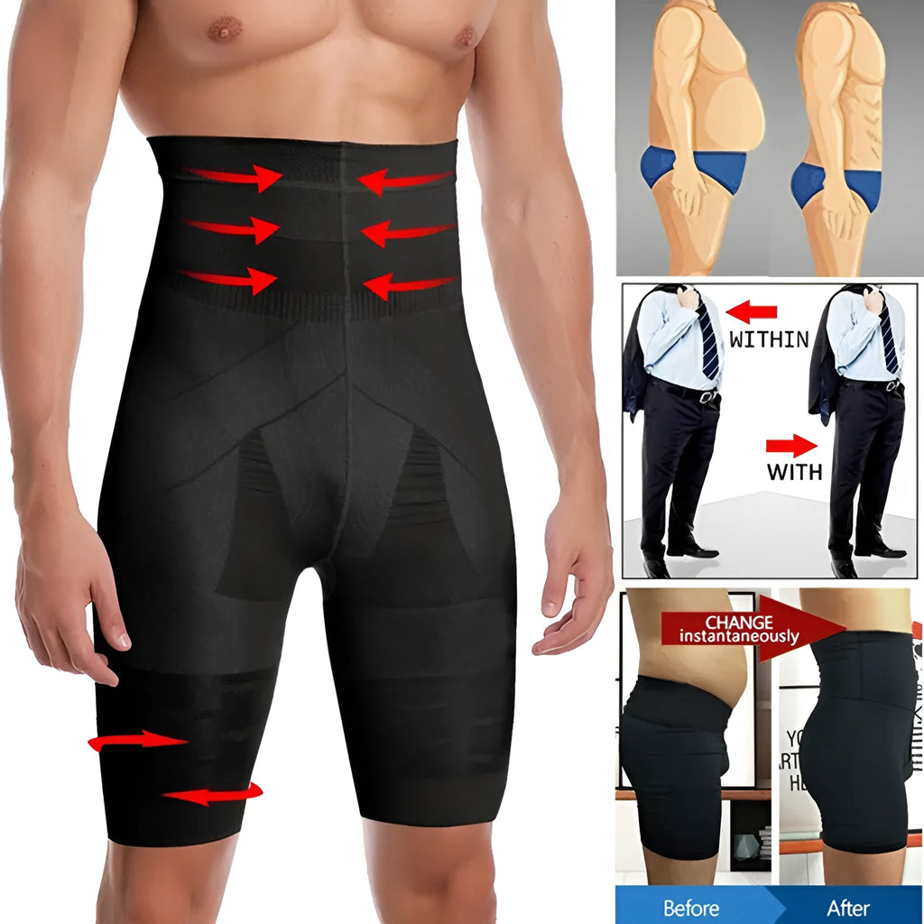 Men's high-waist cotton body shaper waist trainer in beige or black, sizes S to XXXL