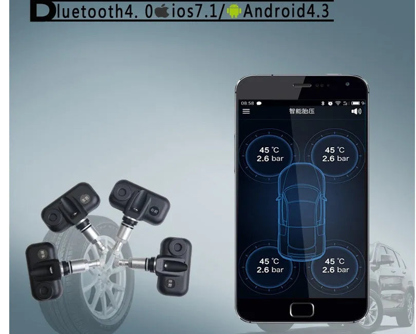 Bluetooth wireless tyre pressure monitoring system with built-in or external sensors and 5+ year battery life