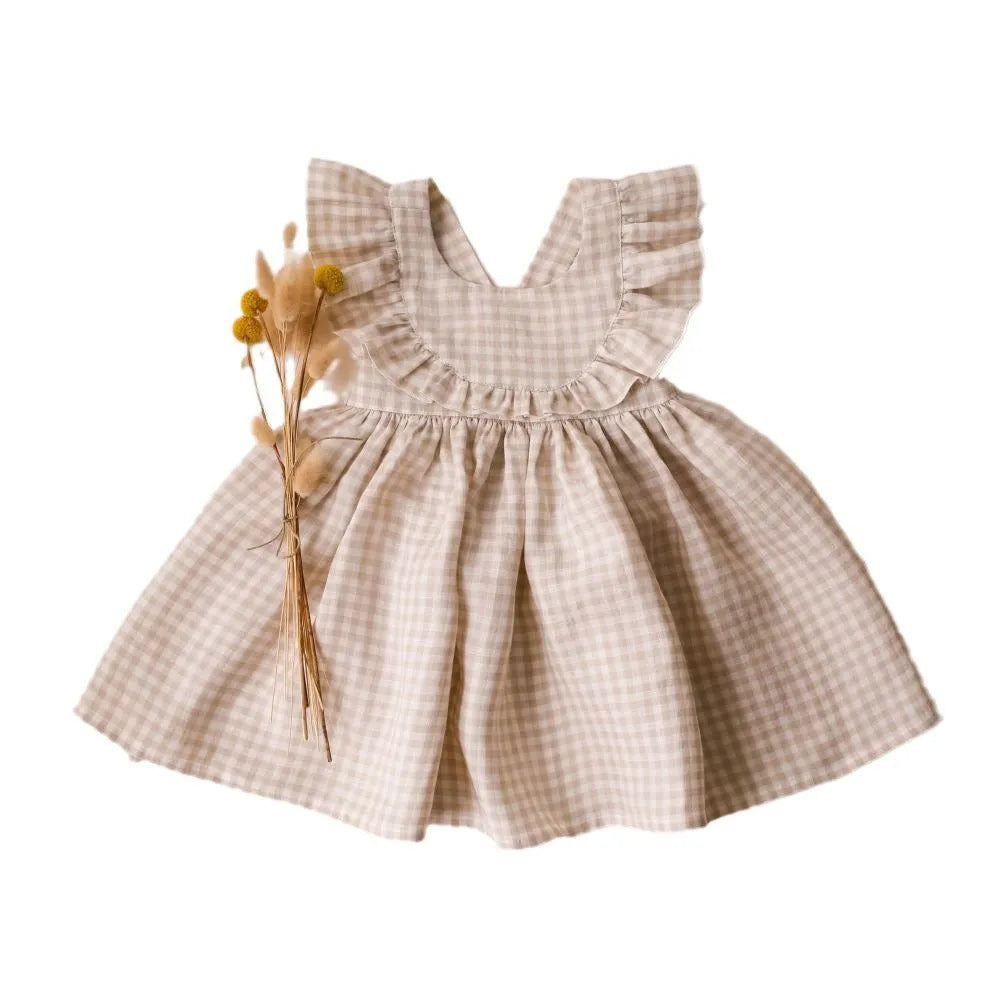 Baby girl's summer cotton A-line suspender dress in green, pink, or plaid for heights 73-110cm