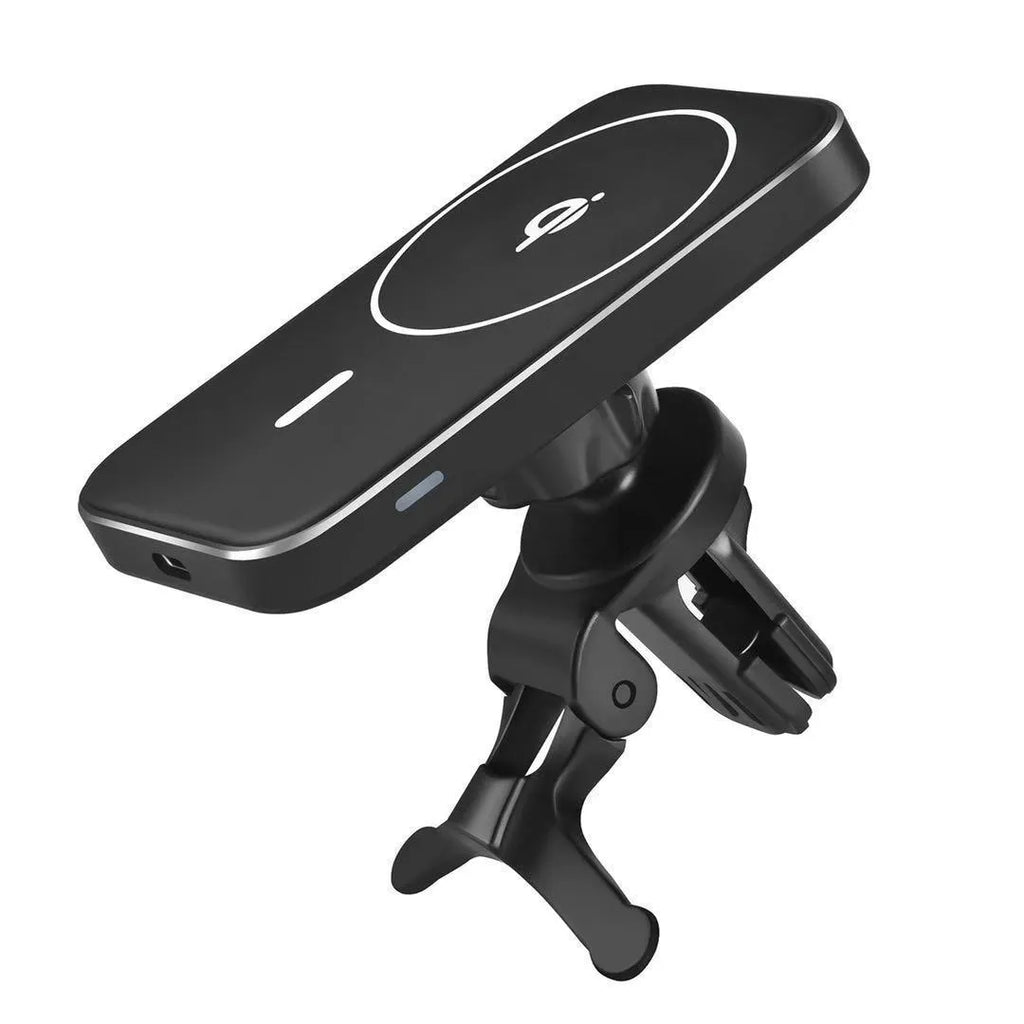 Black M6 magnetic wireless car charger with flexible gooseneck arm mounted on a car air vent, charging an iPhone.