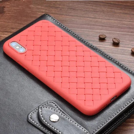 Luxury grid weave pattern iPhone case in multiple colours showing slim profile and protective raised edges.