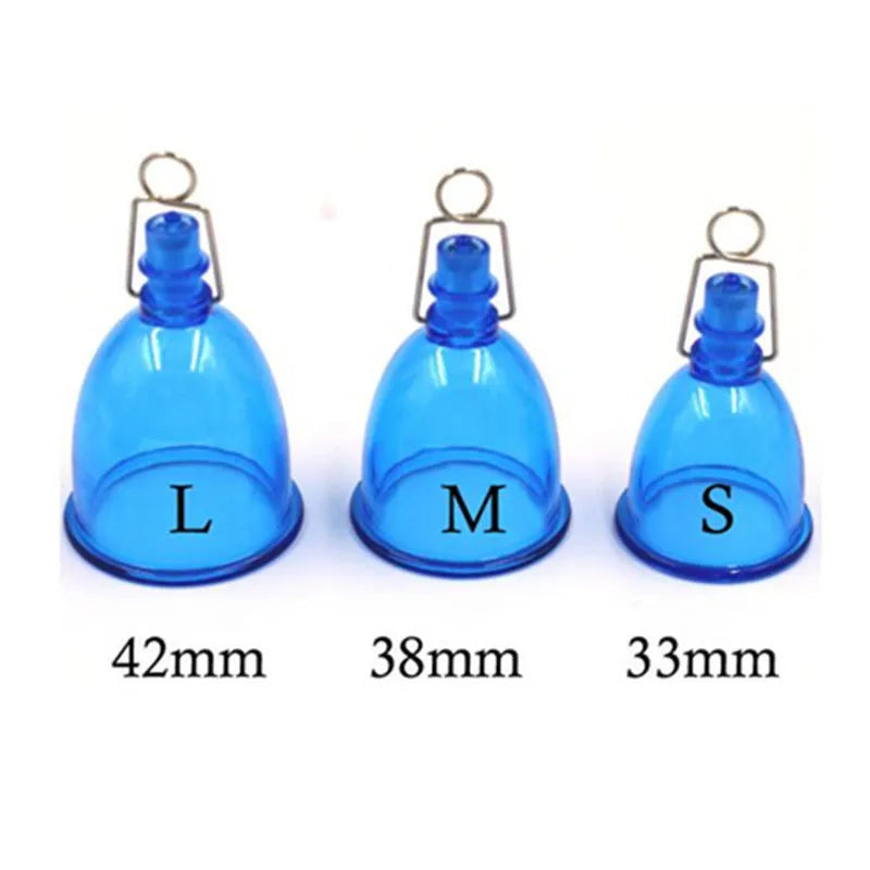Blue silicone male physical stretch exerciser adult product shown with S, M, L size indicators