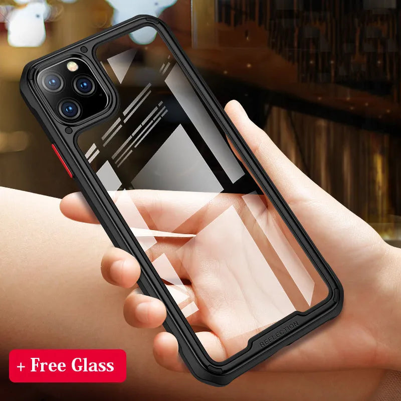 Transparent silicone mobile phone case for iPhone 11 on a table, showing back cover design.