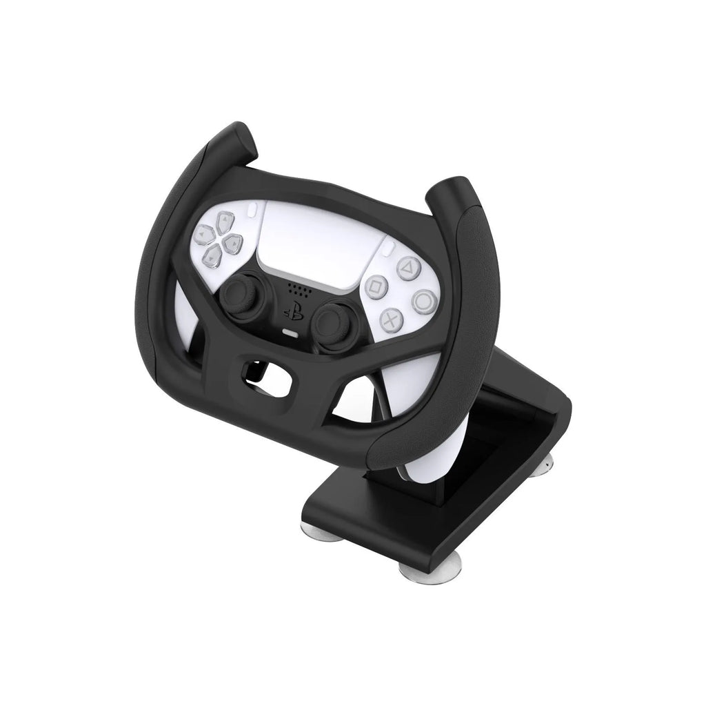 Black ABS plastic gamepad steering wheel bracket with a large white suction cup on its base.