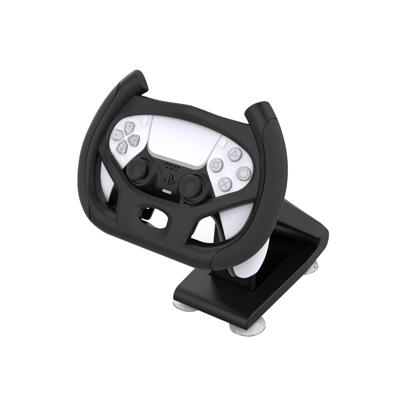 Black ABS plastic gamepad steering wheel bracket with a large white suction cup on its base.