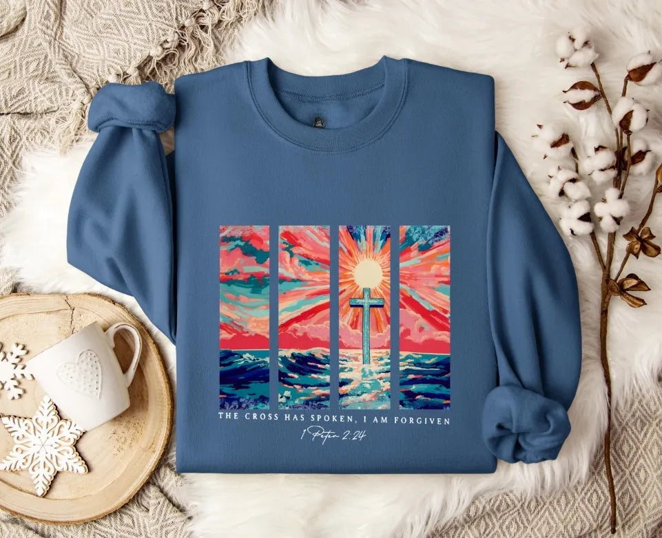 Blue plus size drop-shoulder street fashion printed sweater displayed flat