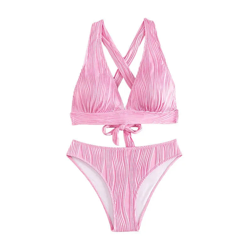 Pink and black halter strap women's two-piece bikini swimsuit set with shorts
