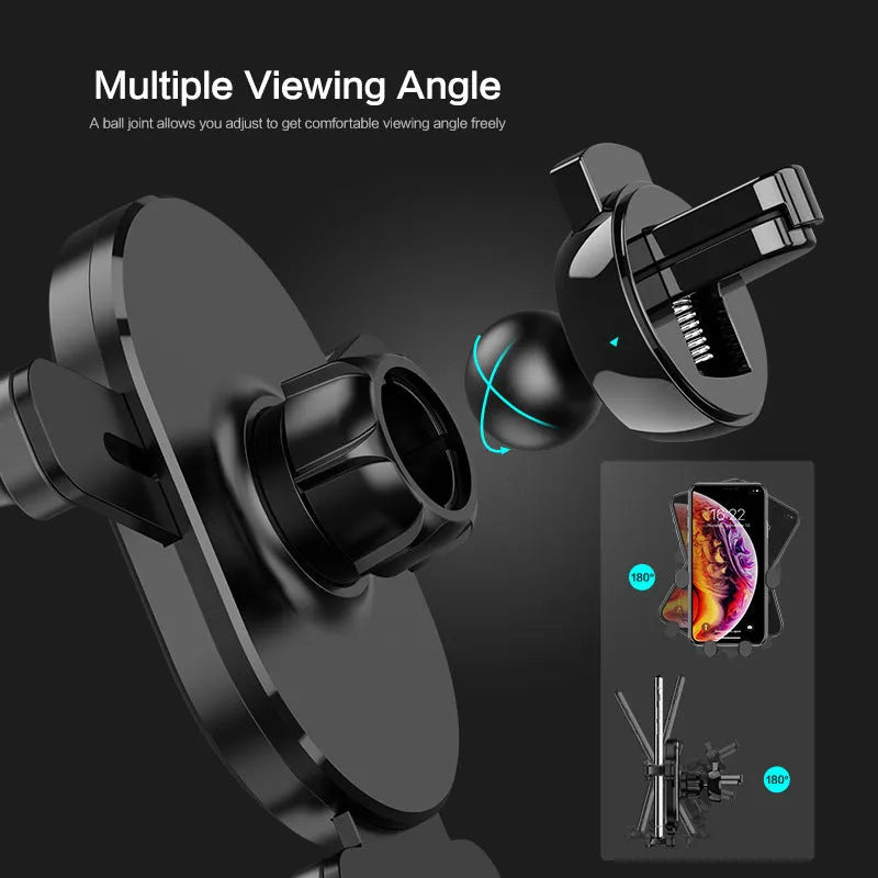 Black gravity car phone holder with 360-degree rotating head mounted on a car air vent.