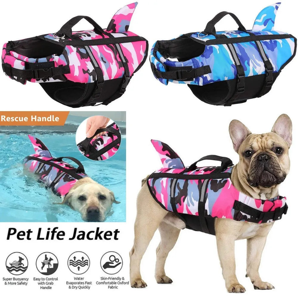 Dog life jacket in camouflage shark design, blue or rose red, sizes XS to XXL for pet swimming.