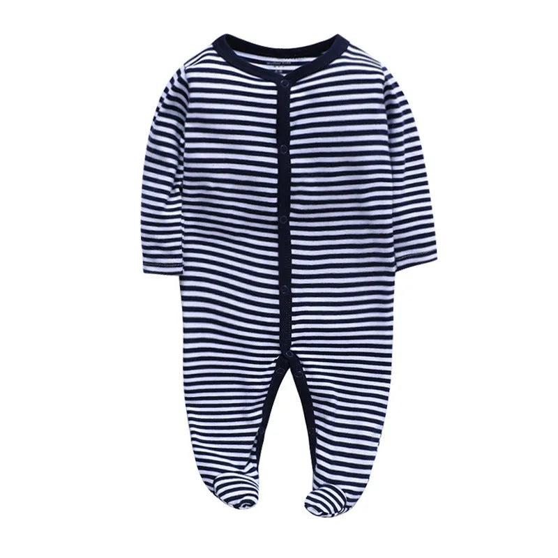 Soft cotton baby one-piece bodysuit in blue and green dinosaur print, size 6M, front view on white background