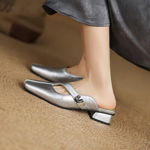 British style square head outdoor slippers in black with low heel and rubber sole