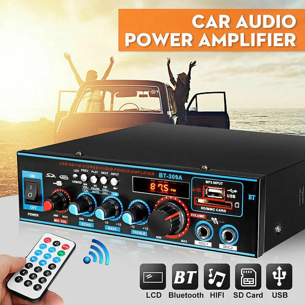 Black BT-309A-A dual-purpose power amplifier with wire clamp connections and remote control