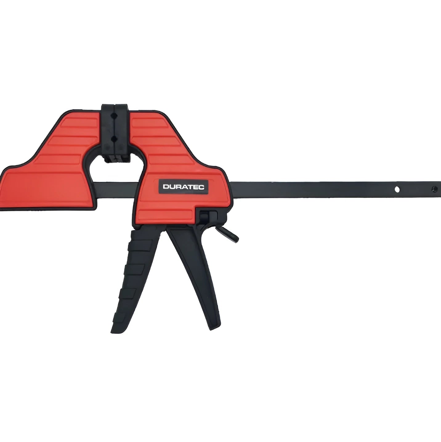 Black plastic woodworking clamp with quick release key and soft rubber grip pads
