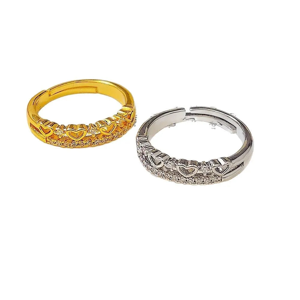 Adjustable open ring in gold or silver with double layer heart, crown and star design on copper band
