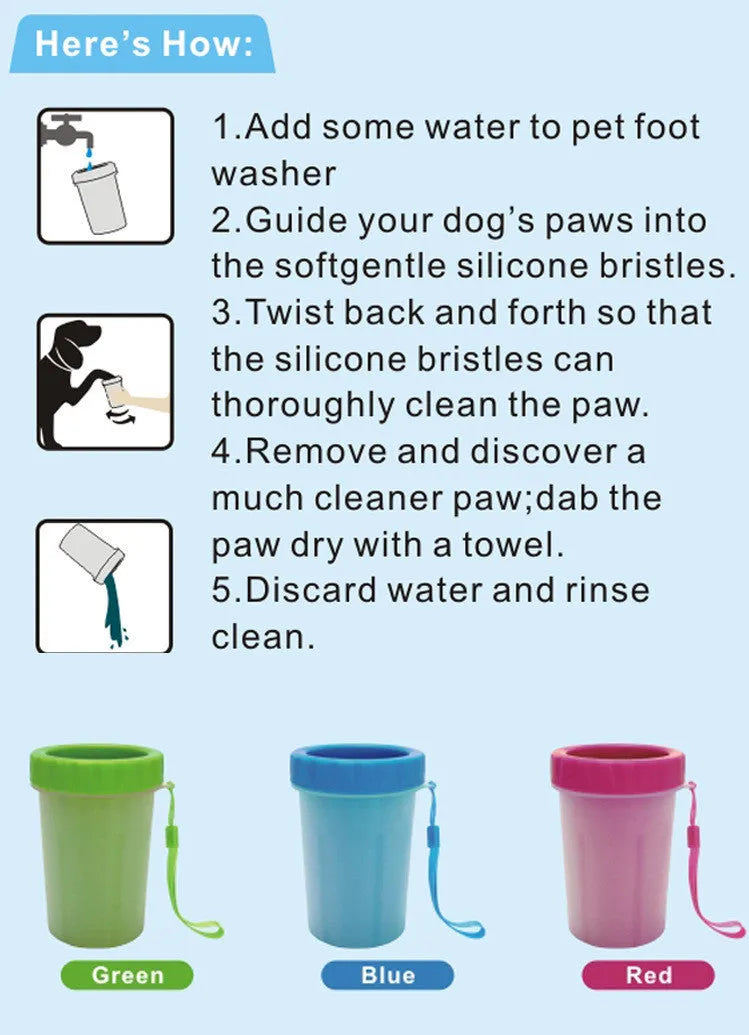 Dog paw cleaner with soft silicone bristles, flat bottle mouth, BPA free, pink blue green, S L