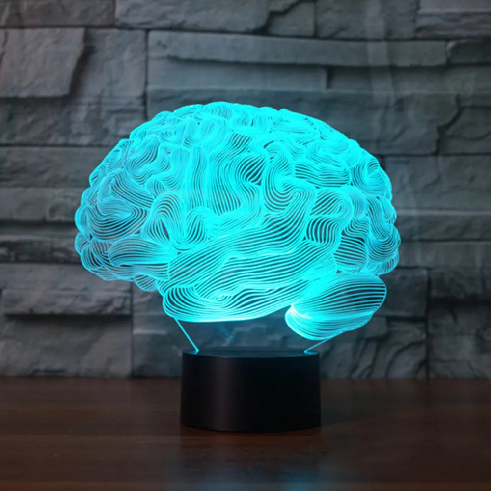 3D brain illusion LED desk lamp with remote control showing colourful acrylic lighting projection