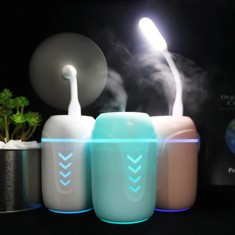 Blue columnar portable car humidifier with USB cable and 200ml water tank.