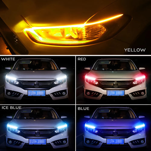 Flexible silicone LED car light strip with daytime running lights and flowing turn signal function