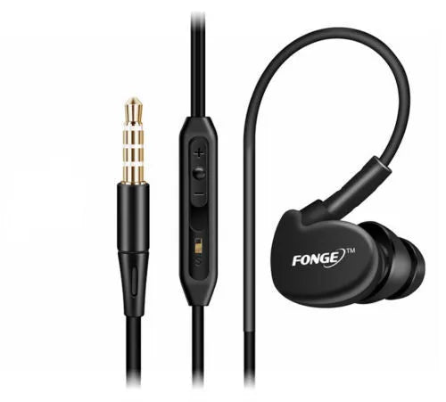 Ear-hook wired sports headset with microphone and 3.5mm plug, black colour, on white background