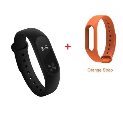 Xiaomi Mi Band 2 black smart band with OLED screen on an adjustable grey wrist strap.