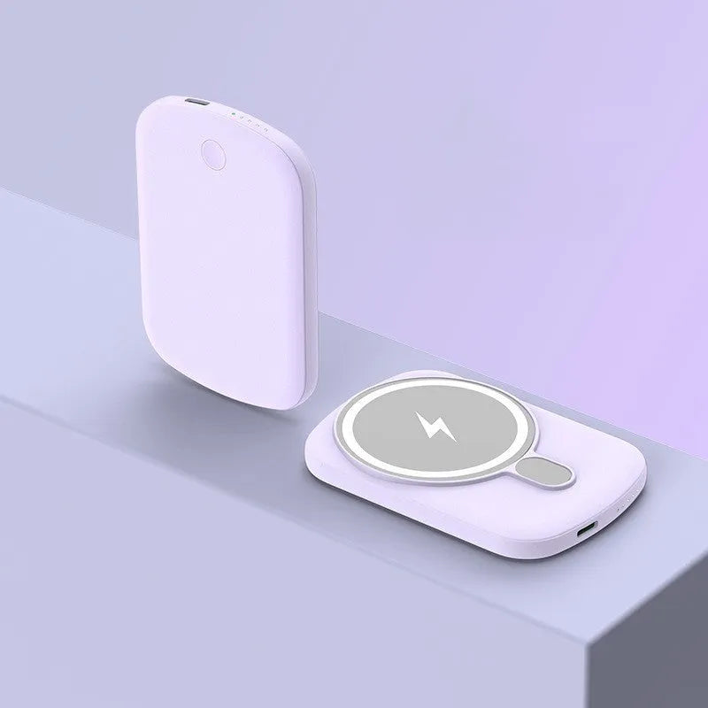 MagSafe magnetic wireless power bank in choice of colours and capacities on a table.