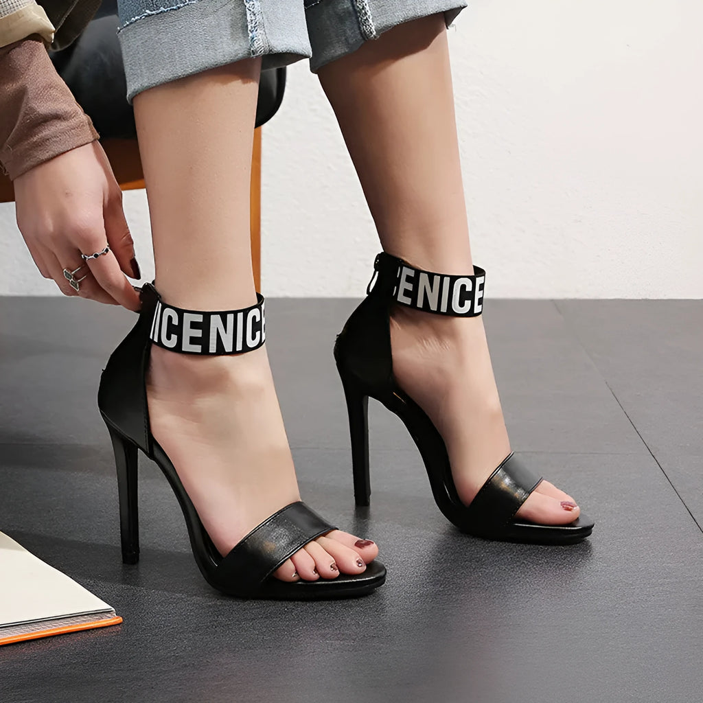 High heel stiletto sandals with open toe, colour-matching straps, buckle fastening and 6-8cm fine heel.