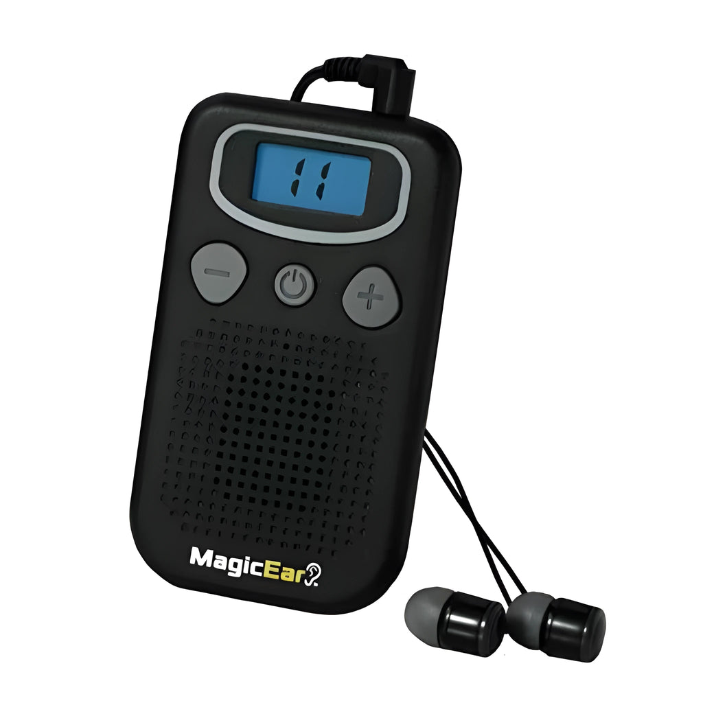 Silver personal voice enhancer hearing aid with digital display resembling handheld FM radio